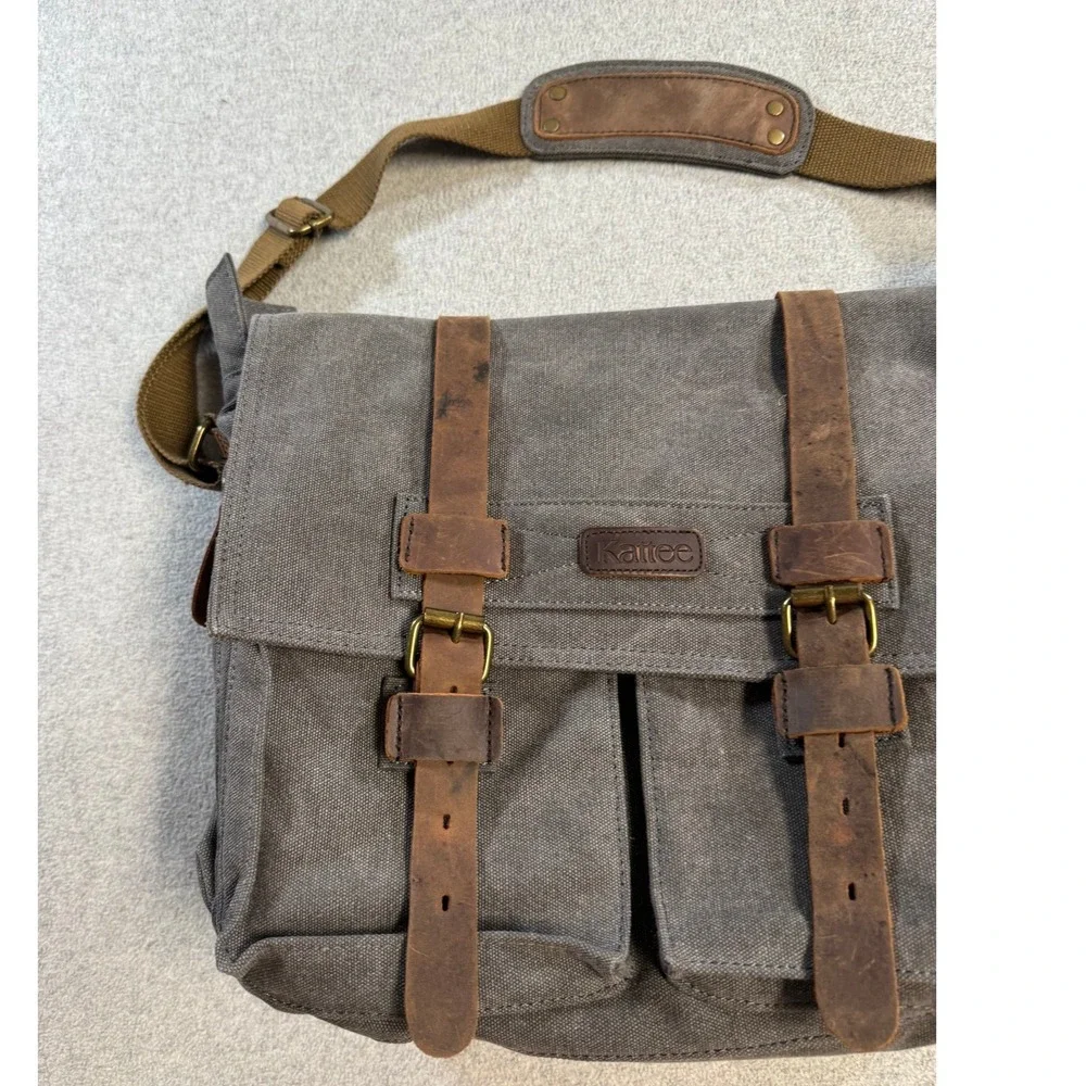 Kattee Canvas Leather Messenger Bag Laptop Briefcase Satchel Brown Gray Work